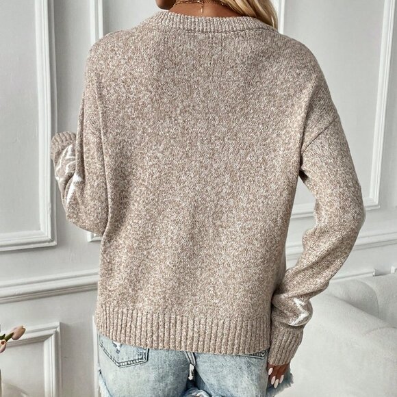 Khaki Casual Womens Star Pattern Drop Shoulder Sweater - Picture 2 of 5